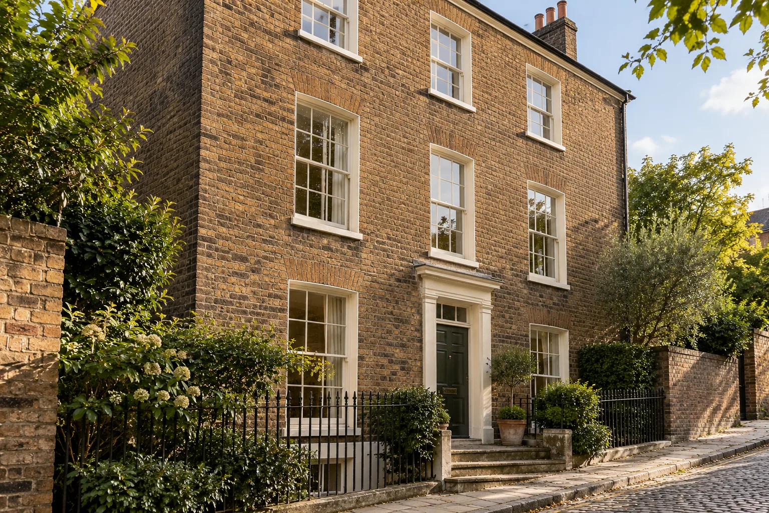 AI-generated fictional Georgian-style brick house with cream sash windows and an olive door