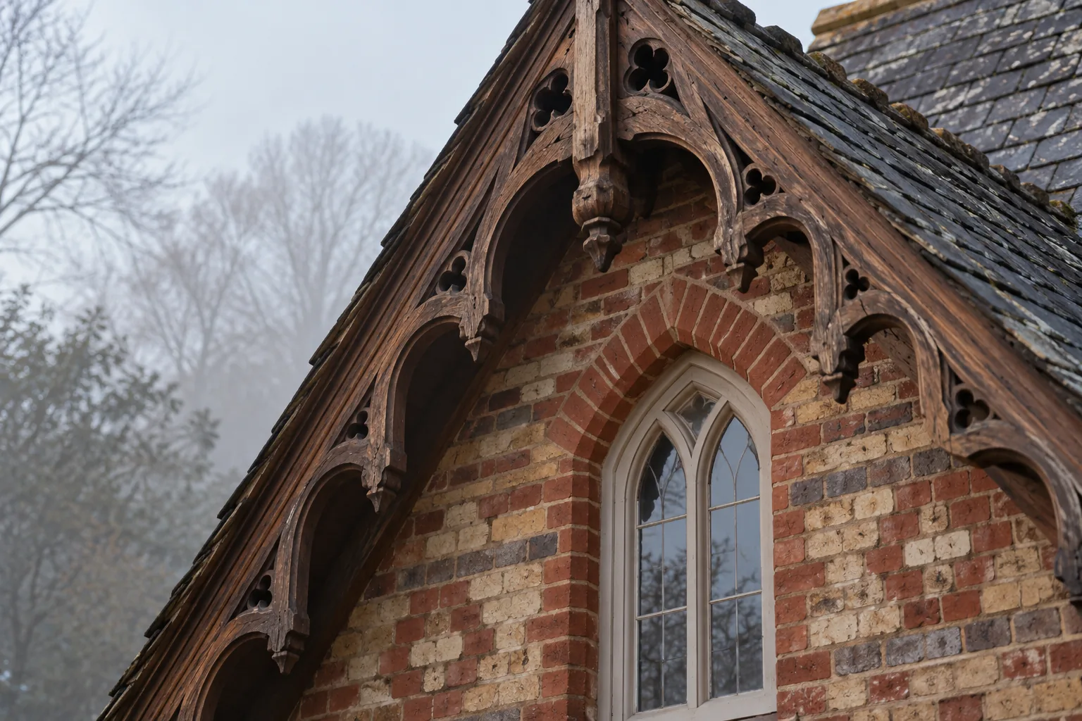 AI-generated fictional Gothic-style gable with carved timber and a pointed window; not Holly Village