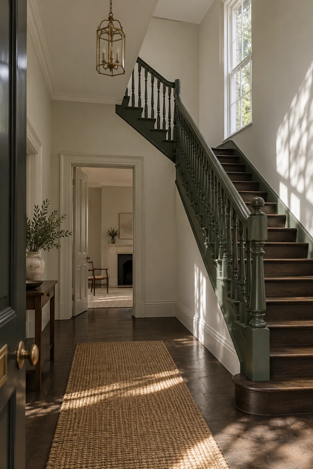 AI-generated fictional stair hall with forest-green balusters, ivory walls and dark oak treads