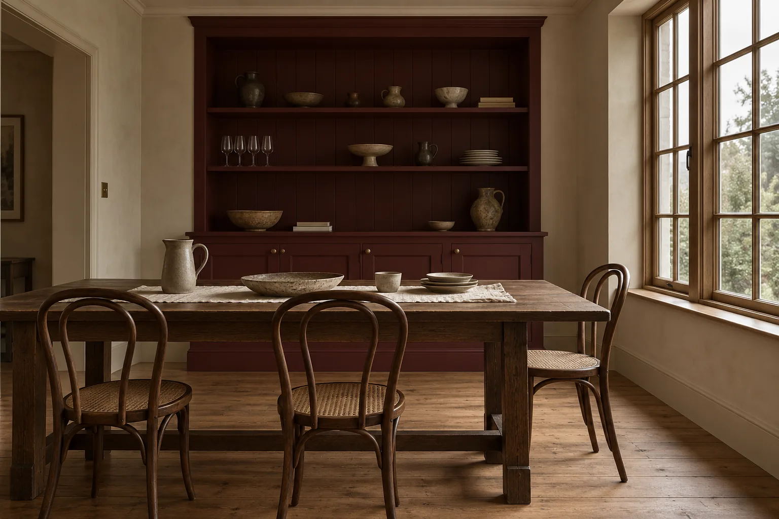 AI-generated imagined dining room with mushroom walls, a burgundy dresser and oak table