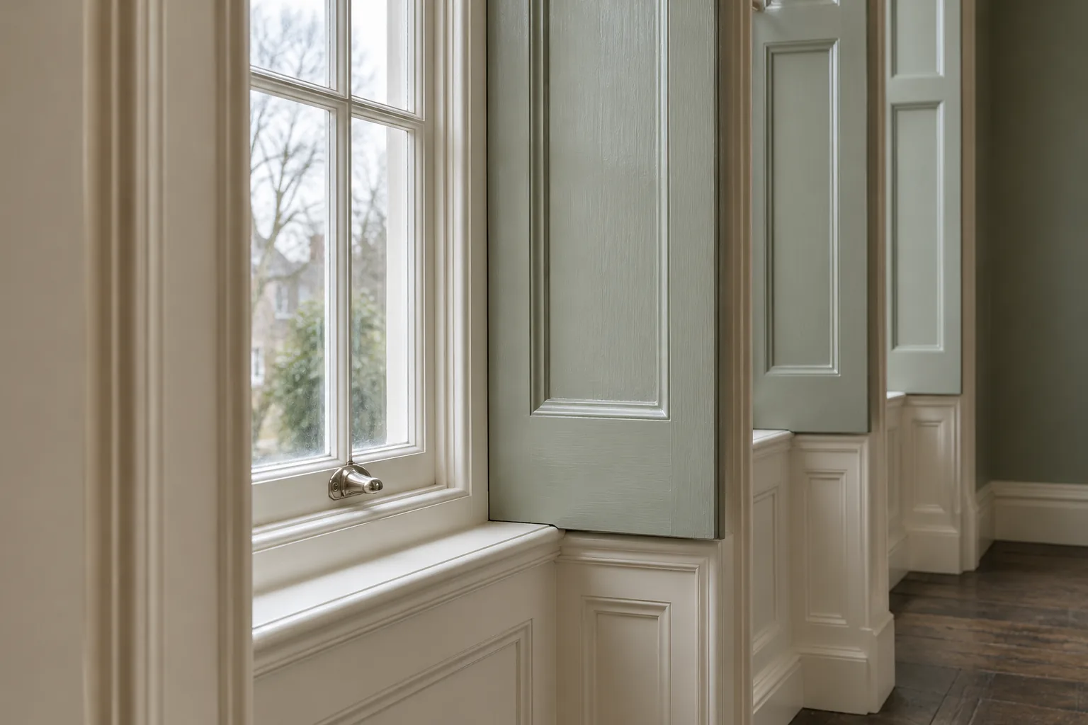 AI-generated imagined detail of sage-grey shutters and ivory window mouldings