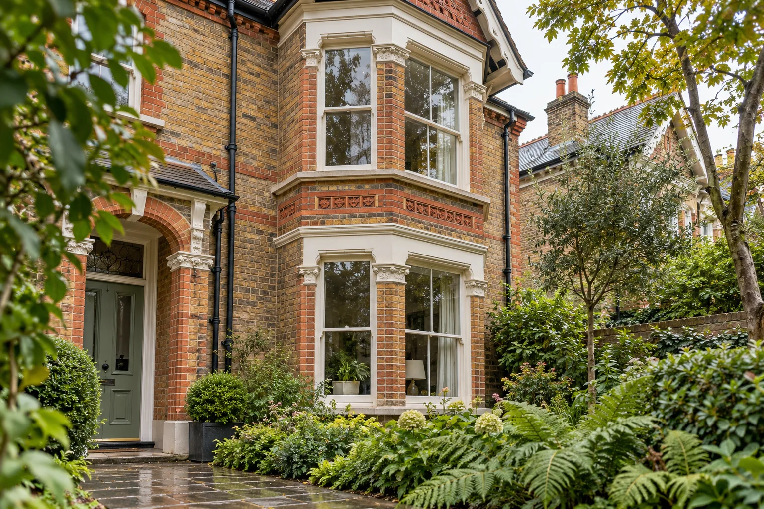 AI-generated fictional Victorian villa with a brick bay and ivory painted window joinery